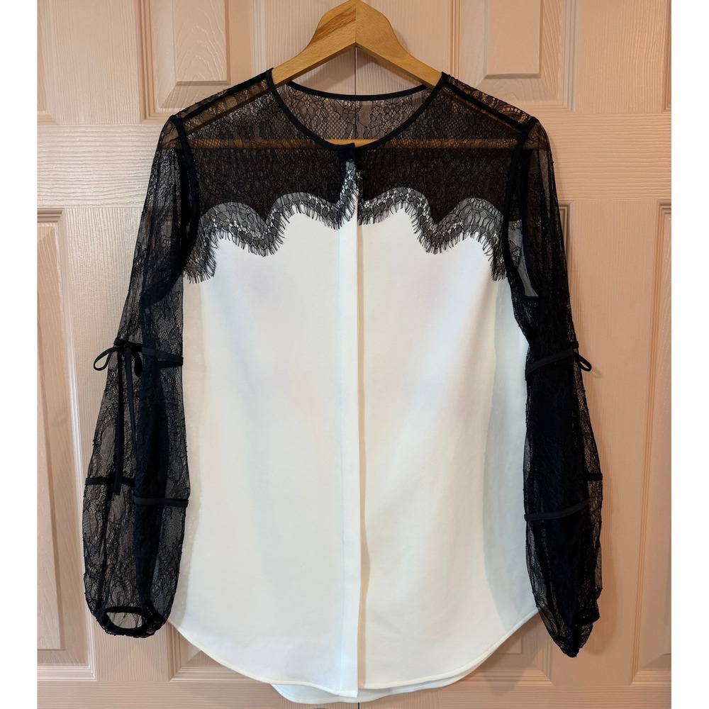 Black Label by Chico's Lace Yoke Blouse White Black Ribbon Tie Sleeve Sz 0 Small